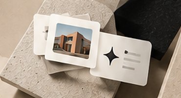 Floating cards with a building photo and an AI sparkle icon above stone blocks