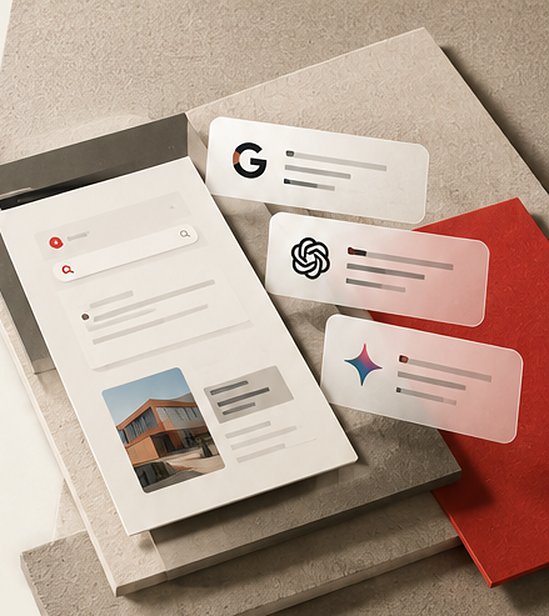 Screen showing a search page with a building photo, beside floating cards with the Google, ChatGPT and Gemini logos, on stone slabs and a red panel