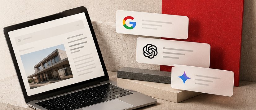 Laptop showing a website with a building photo, beside cards with the Google, ChatGPT and Gemini logos and a red panel