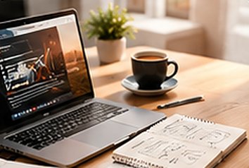 Laptop with charts, a notebook and a cup of coffee on a wooden desk