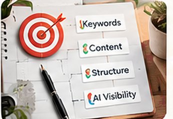 Target with an arrow in the bullseye next to cards labelled Keywords, Content, Structure and AI Visibility