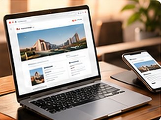 Laptop and smartphone on a desk, both showing the same website with a building photo