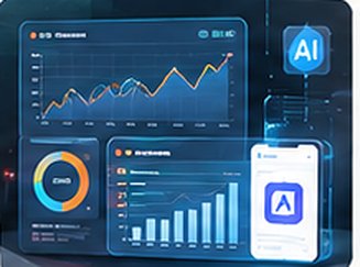 Analytics dashboard with line and bar charts next to a phone screen showing an AI app icon