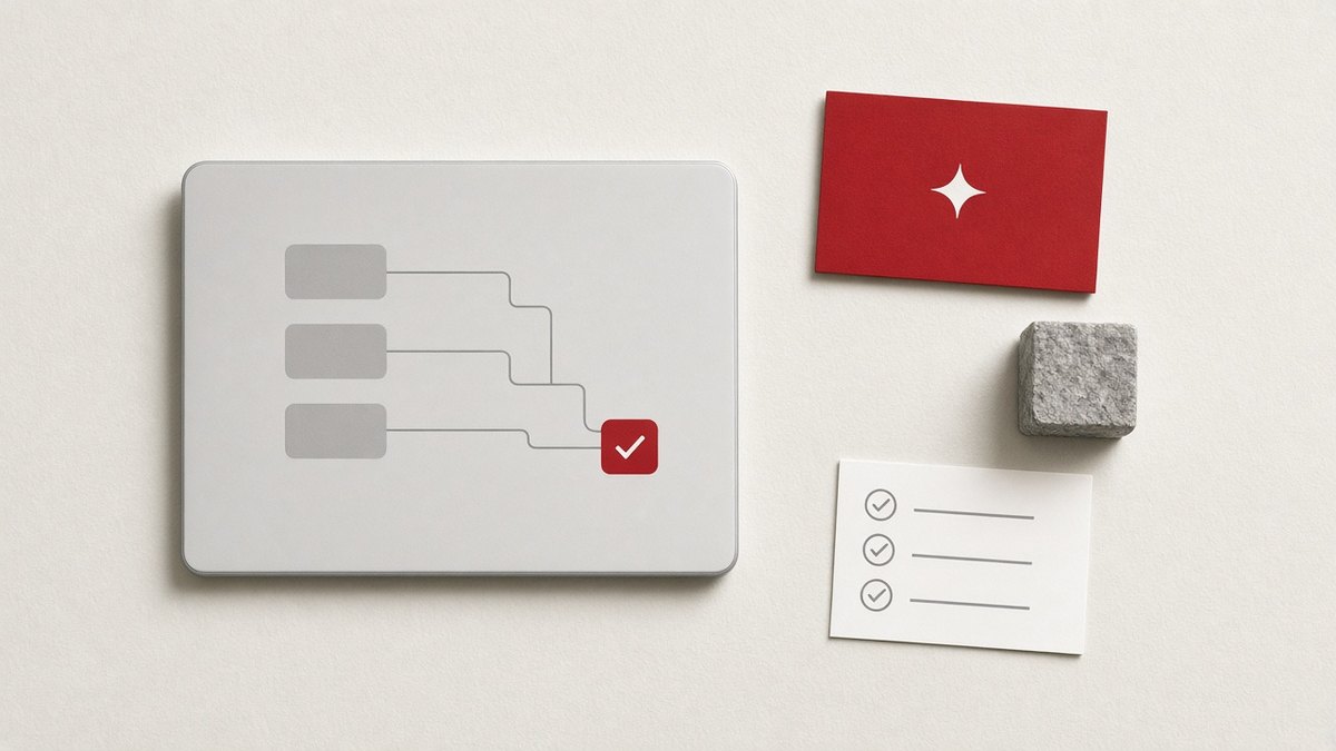 Tablet showing a simple workflow diagram ending in a red tick, beside a red card with a sparkle icon, a small stone block and a checklist card