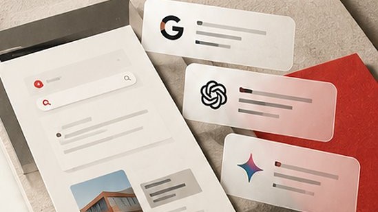 Screen showing a search page beside floating cards with the Google, ChatGPT and Gemini logos, on stone slabs and a red panel